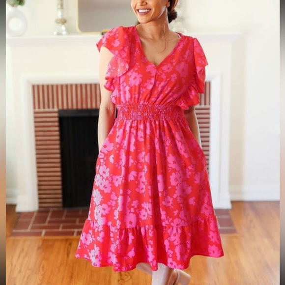 NEW Remember Me Red & Pink Floral Print Smocked Waist Midi Dress - Picture 9 of 14